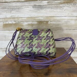 Rodo 1980s Lavender Purple Mint & Pistachio Plaid Straw Crossbody Shoulder Bag